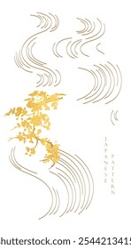 Vetor de modelo japonês. Onda desenhada à mão com fundo de ramo de flor de ouro. Padrão de linha em estilo asiático com padrão japonês. Mar chinês em artes orientais. Textura de luxo natural.