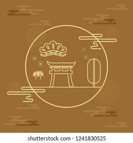 Japanese template vector. Line background pattern. Pine tree, cloud and cherry blossom flower elements.