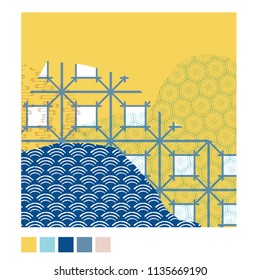 Japanese template vector. Season collage background. Geometric pattern.