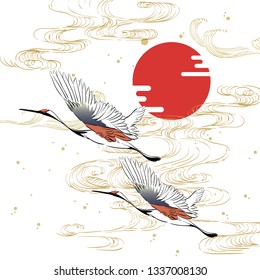 Japanese template vector with wave and cloud elements background. Crane birds hand drawn decoration invitation card.