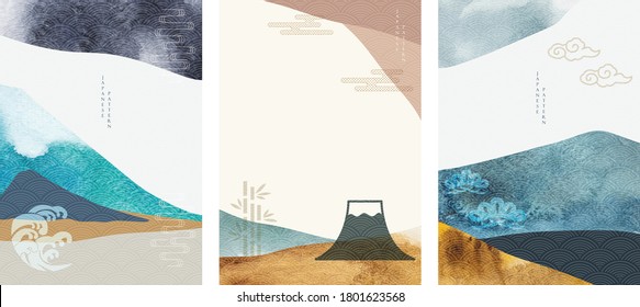 Japanese template with watercolor texture vector. Art landscape background with brush stroke elements.Fuji mountain, wave, bamboo icons.