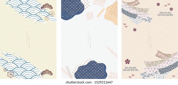 Japanese template with wave pattern vector. Ribbon,  tree and icons decorations. Brush stoke elements. Oriental background in Asian style.