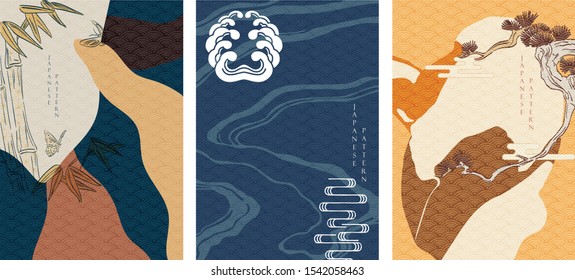 Japanese template with wave pattern vector. Abstract background with oriental style. Japanese crest icons and symbols. Sea with Asian element. Bamboo, butterfly, pine tree and wave elements.