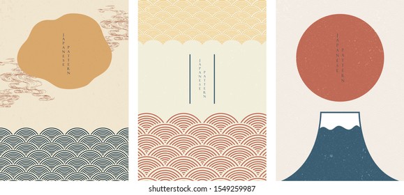 Japanese template with wave pattern vector. Sun and Fuji mountain background Asian style. Curve with hand drawn sea elements in oriental layout design.