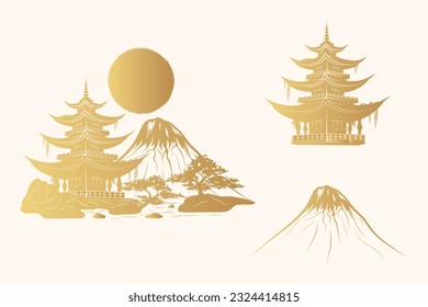 Japanese temple, bonsai tree, sun and mountains. Golden hand drawn vector illustration isolated on white background for t-shirt, print, tattoo and stickers