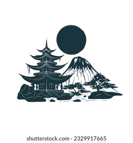 Japanese temple, bonsai tree, sun and mountains. Hand drawn vector illustration isolated on white background for t-shirt, print, tattoo and stickers