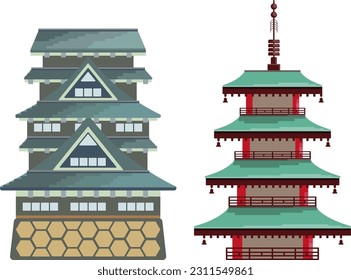 Japanese temple and castle icon set japanese icon landmark. kiyomizu dera temple and osaka castle vector icon.