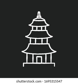 Japanische Tempelkreide, weiße Symbol auf schwarzem Hintergrund. Buddhistische Pagoda-Struktur. Traditioneller Schneestempel. Schloss im japanischen Stil. Orientalische Architektur. Illustration der Vektorillustration einzeln