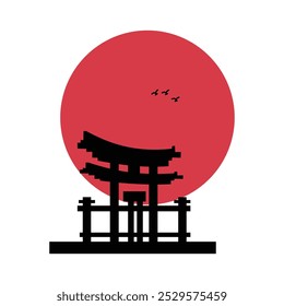 Japanese temple design over sun and birds background, A temple or shrine of Japanese traditional  treasure. A hallmark of the nation’s long, treasured history, 