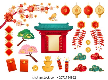 Japanese temple with open gates, set of papercuts, hanging lanterns and sakura blossom. Pine trees and firecrackers, clouds and gold bars, red hongbao confers and butterfly. Culture and landmark