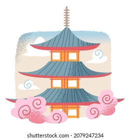 Japanese temple with pagoda roof, culture symbol from Japan vector illustration. Cartoon cute Asian landscape with ancient landmark, building tower and sakura tree, travel to Japan isolated on white