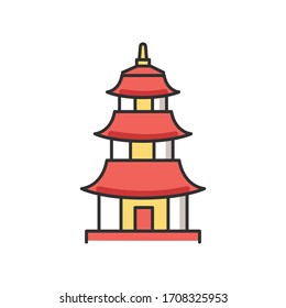 Japanese temple RGB color icon. Buddhist pagoda structure. Traditional shinto temple. Japanese style castle. Oriental religious architecture. Tower landmark. Isolated vector illustration