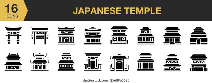 Japanese Temple solid icon set. Includes Building, Gate, Japan, Japanese, Landmark, Temple, Torii, and More. Solid icons vector collection.