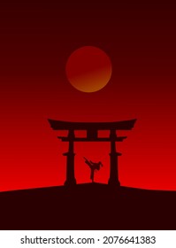 Japanese Temple In The Sunset, Silhouette Karate In The Mountain. Suitable For Wall Decoration, Wallpaper, And Background.