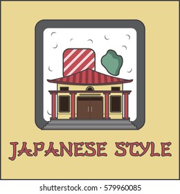 Japanese temple and sushi beater, maki rol, Asian cuisine, Vector image, flat design,