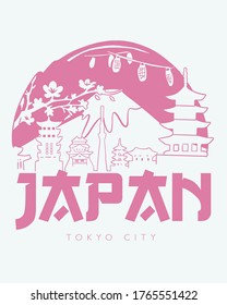 Japanese temple and urban illustration. Vector graphics for t shirt prints and other uses. Japan and Tokyo city slogan with illustration vector.