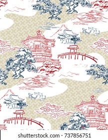 japanese temple view vector pattern pine mountains