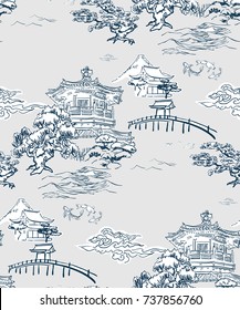 japanese temple view vector pattern pine mountains