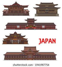 Japanese temples, pagodas and shrines, Japan travel landmarks architecture, vector buildings. Kotohira-gu temple in Kagawa, Taga-jinja and Usa Hachimangu Shinto shrine in Shizuoka Prefecture, Japan