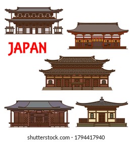 Japanese temples, shrines and Japan pagodas in Kyoto architecture landmarks, vector houses. Ryoan-ji Zen temple, Tofukuji and Horyuji, Nanzenji, and Fushimi Inari-taisha Buddhsim religious shrine