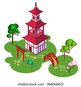 Japanese temple/Temple on the island/Isometric Japan. Japanese island,  Japanese temple on the island/Japanese tower, isometric temple, Japanese palace, japanese castle, buddhist temple, Shinto temple