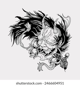 Máscara de yokai ronin de demonio de tengu japonés dibujado a mano ilustración