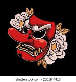 JAPANESE TENGU MASK ILLUSTRATION WITH FLOWER