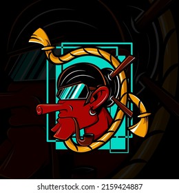 Japanese tengu wearing virtual reality glasses vector illustration