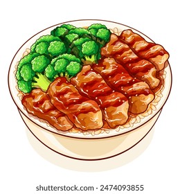 Japanese teriyaki chicken stir fry with rice illustration vector. Japanese food drawing. Asian chicken teriyaki with rice. Teriyaki chicken rice bowl cartoon icon. Grilled bbq chicken breast slices.