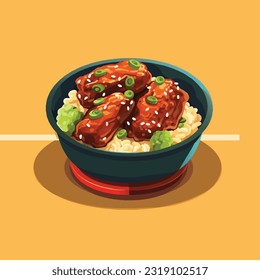 Japanese Teriyaki rice bowl, flat vector