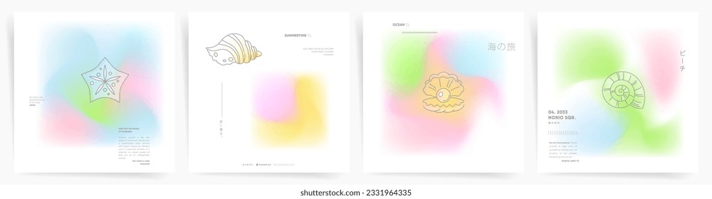 Japanese text means - "Gradient" "Summer" Color backgrounds. Aesthetic Poster or Banner Template for Business, Decorative Patterns, Social Media Posts, or other design layouts. Seashells elements.