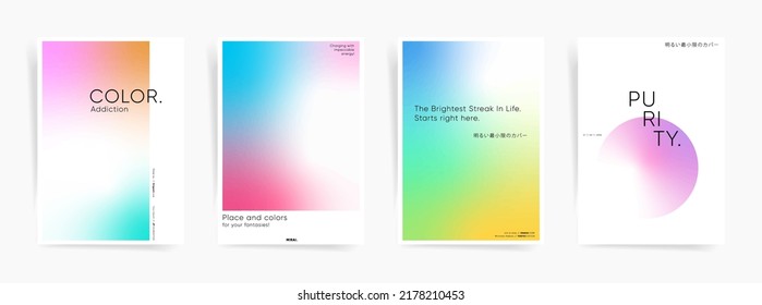 Japanese text - Minimal colorful cover. Minimal color poster set. Gradient cover page design template. Simple modern brochure layout. Mesh fluid colors and clean design backgrounds. Vector.