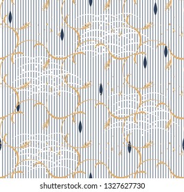 Japanese textile pattern vector. Blue line geometric background. Gold leaf elements.