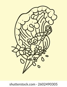 japanese theme doodle hand drawn black and white colour