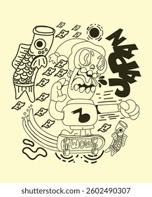 japanese theme doodle hand drawn black and white colour