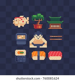 Japanese theme pixel art icons set. Flat style. Carp fish, bonsai, pagoda, miso soup, sumo player, sushi and rolls. Symbol of Japanese culture. Isolated vector illustration. 8-bit.