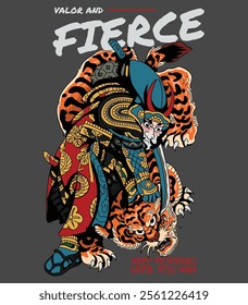 Japanese theme. samurai versus tiger for sticker poster and t-shirt design