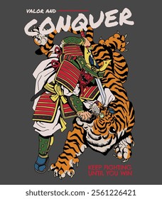 Japanese theme. samurai versus tiger for sticker poster and t-shirt design