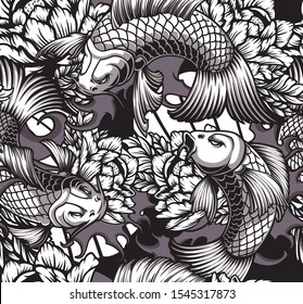 Japanese theme seamless pattern with koi carps, peonies, and waves. Ideal for textile printing