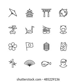 Japanese theme vector icon set in thin line style