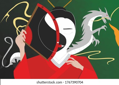 Japanese themed background with a Geisha girl. Girl with a fan. 