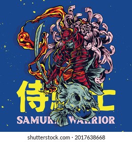 Ilustración del guerrero samurai con temática japonesa con cráneo de pescado y flor para afiches de pegatinas y diseño de camisetas