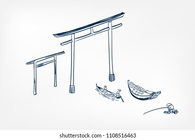 japanese thorium gate boats fisher  sketch vector japanese illustration ink design elements