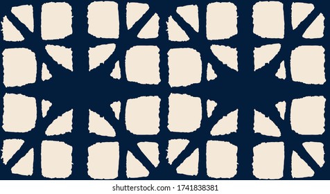 Japanische Tie Dye Nahtloses Muster. Elegant Kimono Textile. Künstlerisches Shibori Nahtloses Muster. Deko Curve Arc Design Böhmische geometrische asiatische Tie-Muster. Premium japanische Kleidung drucken.