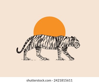 Japanese tiger against the background of the sun. Asian Wild animal. Banner or poster for advertising or web.