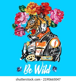 Japanese tiger design  with roses. Wild print. Tiger T-Shirt design. Fashion vector illustration with tiger. Illustration for fabric, clother. - Vector.