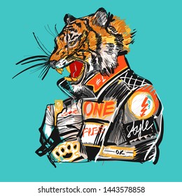 Japanese tiger design. Wild print. Tiger T-Shirt design. Fashion vector illustration with tiger. Illustration for fabric, clother. - Vector.