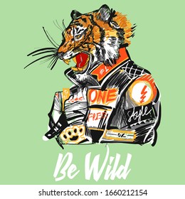 Japanese tiger design. Wild print. Tiger T-Shirt design. Fashion vector illustration with tiger. Illustration for fabric, clother. - Vector.