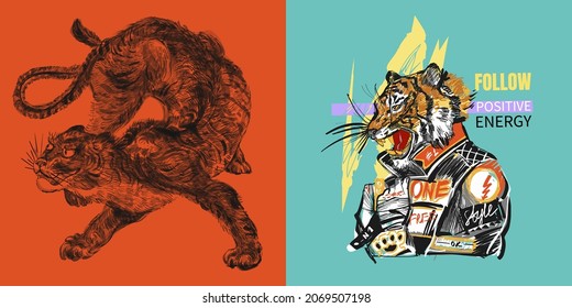 Japanese tiger design. Wild print. Tiger T-Shirt design. Fashion vector illustration with tiger. Illustration for fabric, clother. - Vector.