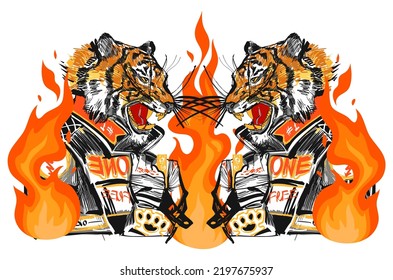 Japanese tiger with fire design. Wild print. Tiger T-Shirt design. Fashion vector illustration with tiger. Illustration for fabric, clother. - Vector.